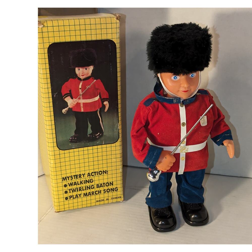 Vintage Battery Operated British Soldier Baton Twirler Walks Play Marching Song